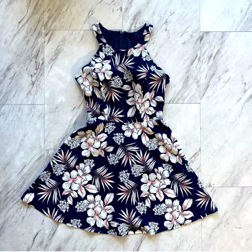 Women navy floral sleeveless zipper knee length dress